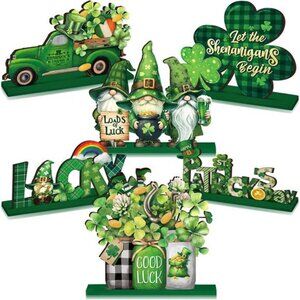 6 Pcs St. Patrick's Day Decorations Wooden Shamrock Table Centerpiece Sign